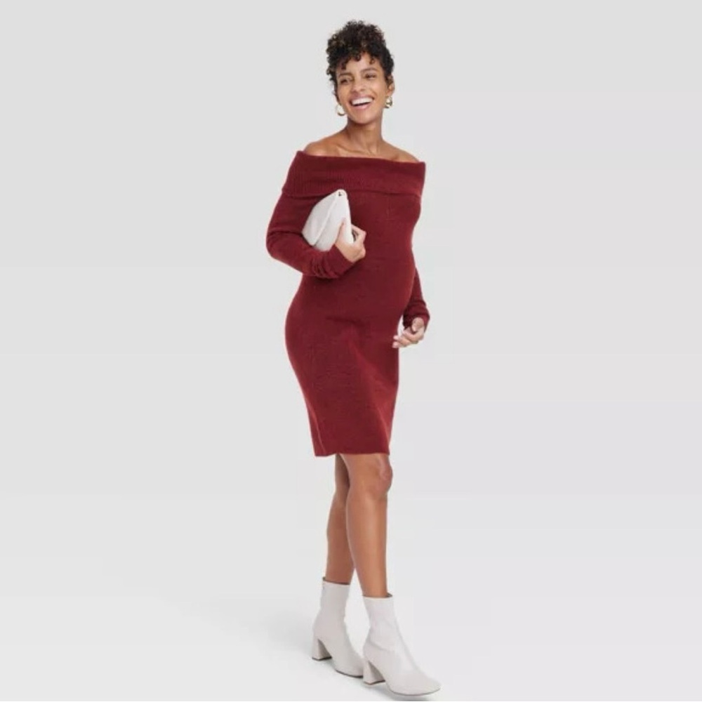Isabel Maternity by Ingrid & Isabel Rust Knit Off the Shoulder Sweater Dress S/L